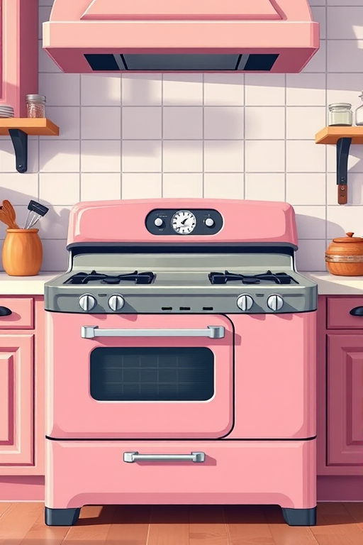Create a high-resolution illustration of a vintage pink gas stove with a clean, modern aesthetic, using a DSLR camera with a 50mm lens at f/2.8, 1/125 sec shutter speed, and ISO 100, in a well-lit kitchen setting with soft, even lighting.