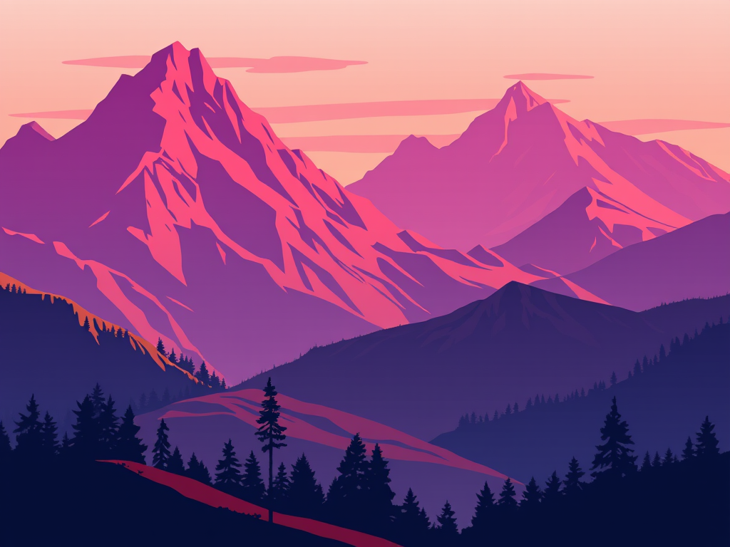 Generate a vibrant landscape illustration featuring stylized mountains in shades of pink and purple with silhouettes of trees, using a DSLR camera with a wide-angle lens, f-stop at f/8, ISO 100, and a sunrise setting for soft lighting.