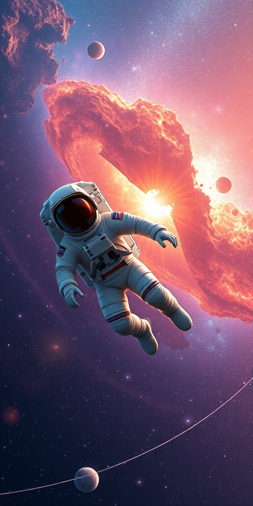 Create a highly detailed digital illustration of an astronaut floating in space with a vibrant galaxy in the background, using a wide-angle lens, f/2.8 aperture, ISO 100, and a Canon EOS R camera for enhanced clarity and depth.