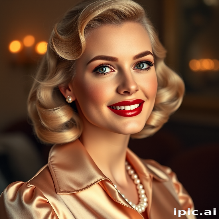 A beautiful woman reminiscent of 1950s Hollywood glamour, with perfectly styled blonde hair and a seductive smile, dressed in a satin blouse and adorned with pearls, soft and warm tones, photorealistic, 8K