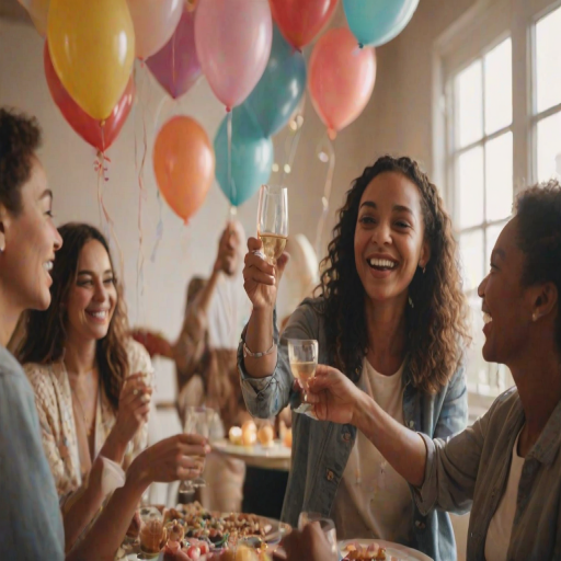 Blurry candid shot of a woman making a toast at a birthday party, surrounded by friends and balloons, with soft light creating a joyful and celebratory atmosphere.