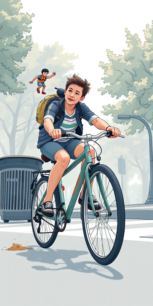 Create a detailed vector illustration of a person riding a bicycle while holding a toy in one hand, with a trash bin nearby, shot from a low-angle perspective, using a Canon EOS 5D Mark IV camera, aperture f/4, shutter speed 1/250s, and ISO 100 for sharpness and clarity.