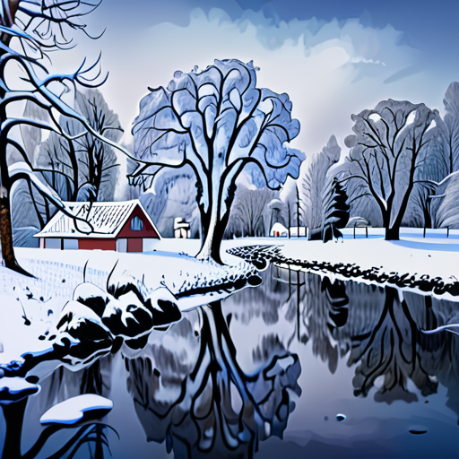 Serene Winter Landscape with Snow-Covered Trees and a Tranquil River ...