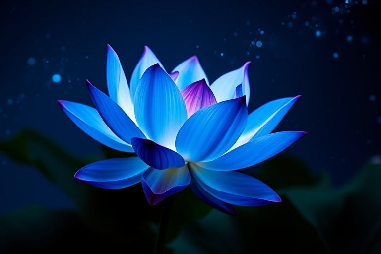 Create a highly detailed, vibrant image of a lotus flower with luminous blue and white petals, surrounded by a starry night background, using a DSLR camera, 50mm lens, f/1.8 aperture, ISO 100, and a long exposure of 5 seconds for enhanced light capture and depth.