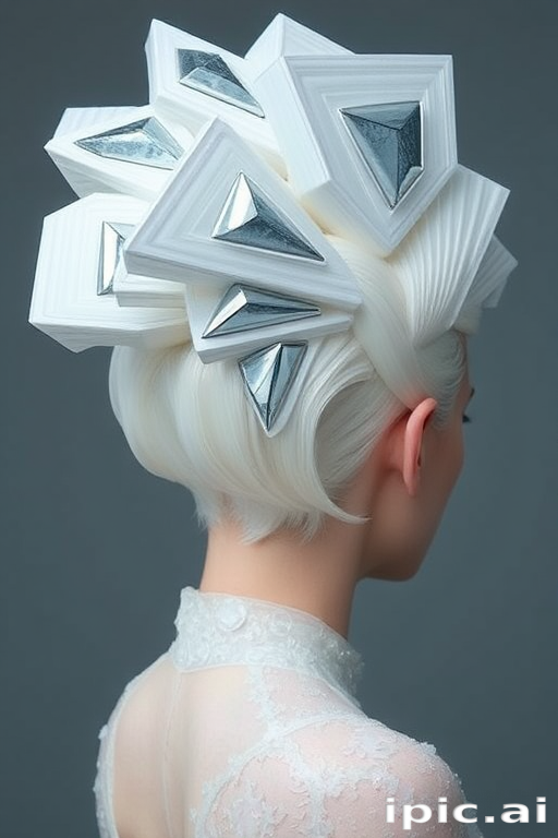 Icy white hair sculpted into an avant-garde, architectural updo with geometric shapes and metallic silver accents, embodying the futuristic "Frost Fusion" style