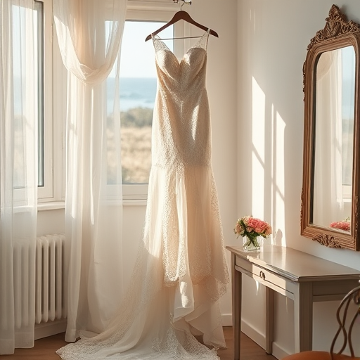 Softly lit, high-resolution image of a bridal dress hanging in a sunlit room, lace detailing on the train catching the light, flowers arranged on a small table nearby, an open window with sheer curtains billowing in the breeze, a mirror reflecting the scene from the opposite wall.