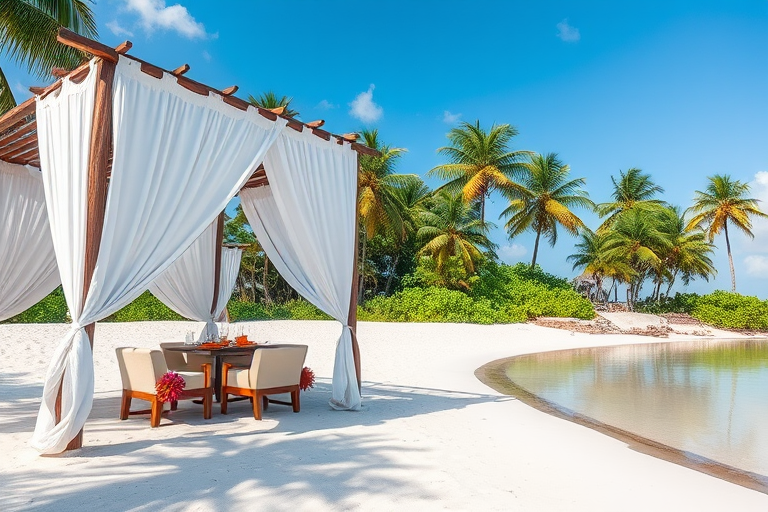 Create a picturesque tropical beach scene featuring a serene, white sandy shore. In the foreground, there's a rustic wooden canopy with white drapes gently flowing in the breeze. Underneath the canopy, a table is set with tropical decor, evoking a sense of relaxation and leisure. The beach extends into a calm, shallow water area with reflections of the sky and surroundings. Palm trees and lush greenery line the edge of the beach, providing a natural, tropical backdrop. The sky is clear with a few scattered clouds, and the overall atmosphere is tranquil and inviting, perfect for a peaceful retreat.