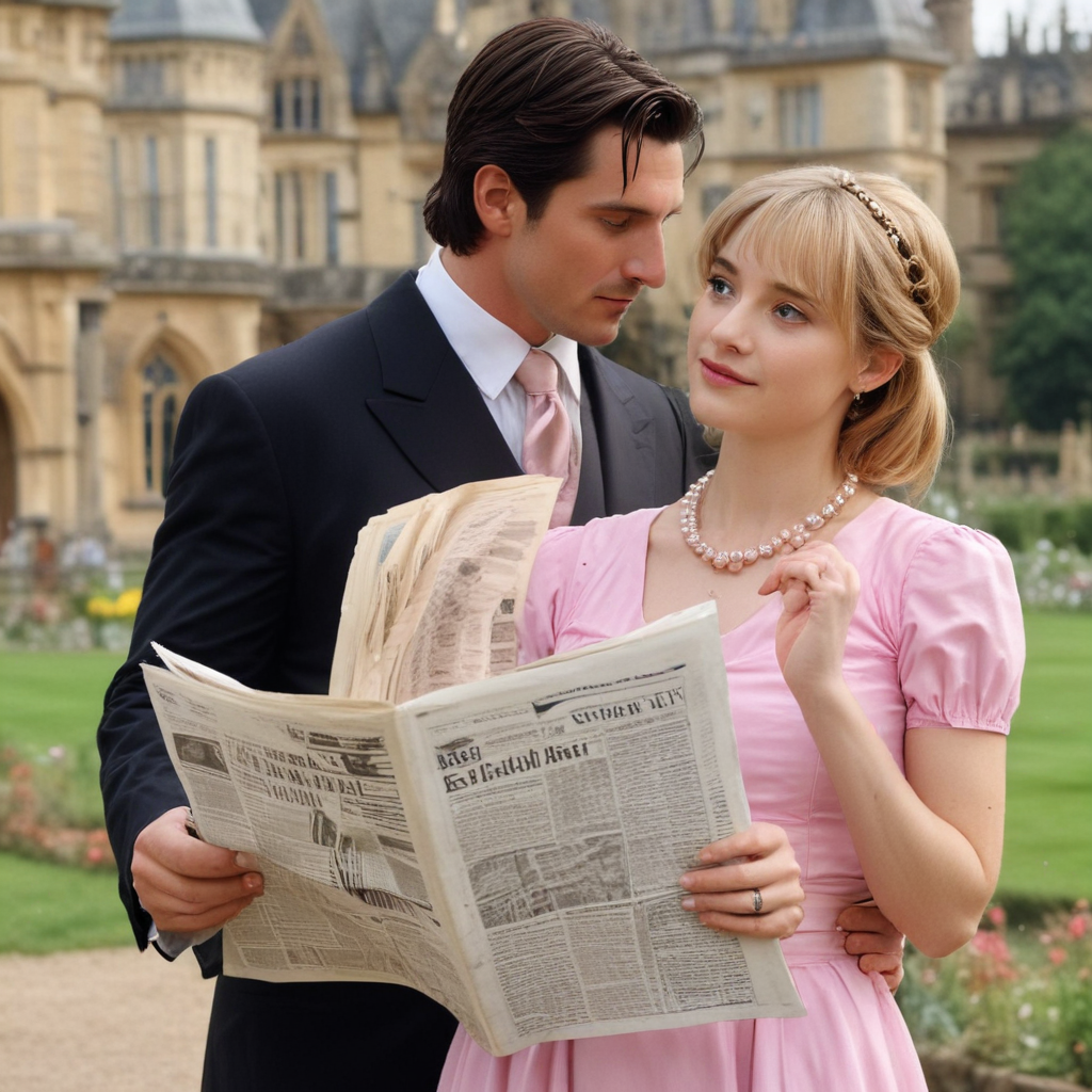 bruce wayne christian bale and allison mack together, he is looking over her shoulder newspaper, wollaton hall background, garden, pearl necklace, pink dres, romantic scene, looking at the camera,