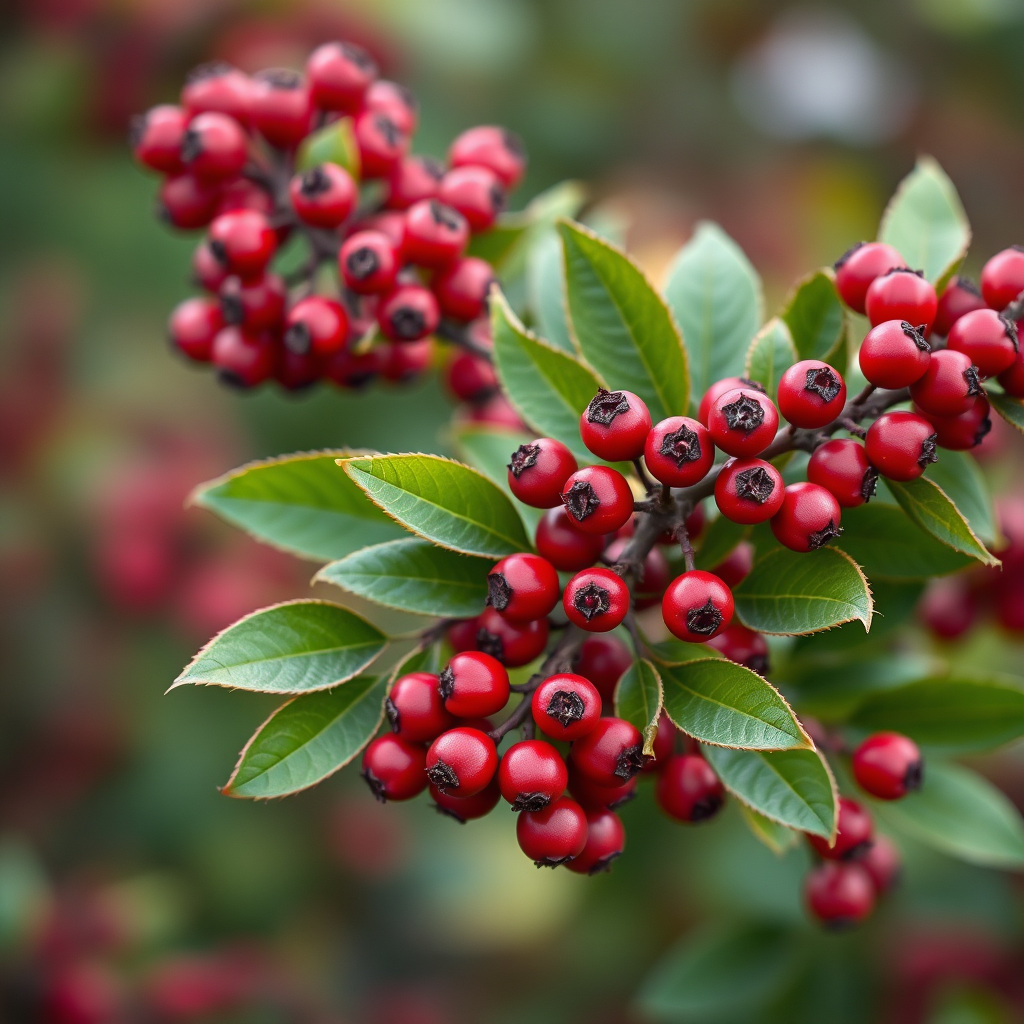Create a high-resolution image of a vibrant arrangement of red berries and green leaves against a soft blurred background, using a DSLR camera with a 50mm lens, aperture set to f/2.8 for shallow depth of field, ISO 200, and natural lighting to enhance richness and detail.