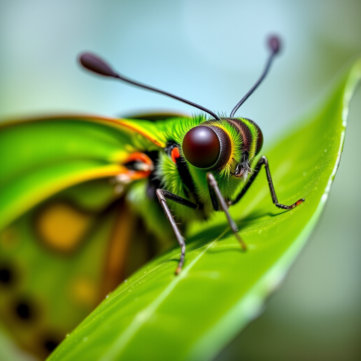 Close-up of a vibrant green butterfly resting on a leaf, natural outdoor lighting, aperture f/2.8, ISO 200, 1/200s shutter speed, macro lens, DSLR camera.