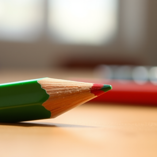 Create a high-resolution image of a green pencil with a red eraser, captured in soft natural light using a macro lens at f/2.8, 1/100s shutter speed, and ISO 200, with a shallow depth of field to enhance the pencil's details and colors against a blurred background.