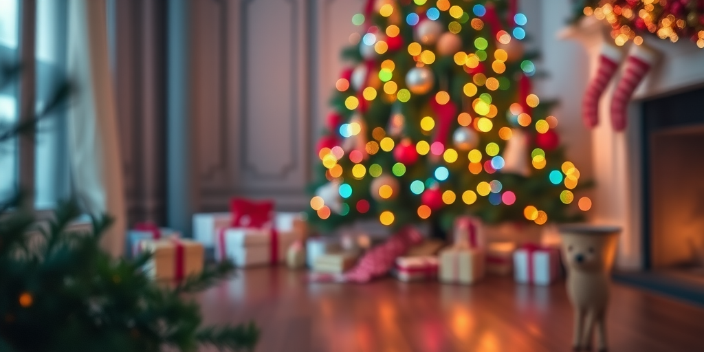 Cozy holiday scene with a softly blurred Christmas tree adorned with colorful lights and decorations in the background warm wooden floor in the foreground subtle greenery and festive atmosphere.