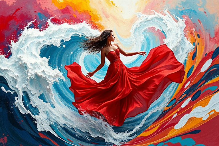 Create a vibrant, high-resolution painting of a woman in a flowing red dress surrounded by swirling waves and colorful abstract backgrounds, captured with a DSLR camera at f/2.8, ISO 100, in natural light, taken from a slightly low angle to emphasize the movement and colors of the artwork.