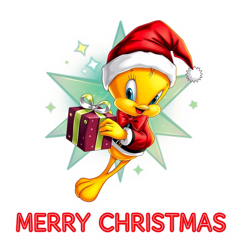 Merry Christmas” cosmic star art tweety bird wearing a Christmas hat and Santa jacket holding gift with a big bow tweety bird is extremely detailed and vibrant behind her is star cosmic design on white background that’s all Christmas colors red green white the words “MERRY CHRISTMAS” is written at the bottom in red electric font outline in black 3000dpi 32k