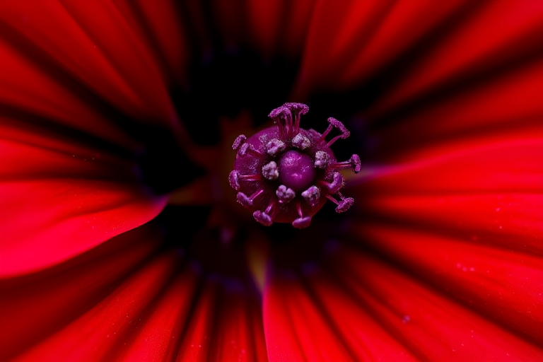 capture a close-up of a vibrant red flower with a sleek black center and purple stamen, shallow depth of field, natural light, 50mm lens, f/2.8, ISO 100, macro photography, DSLR camera