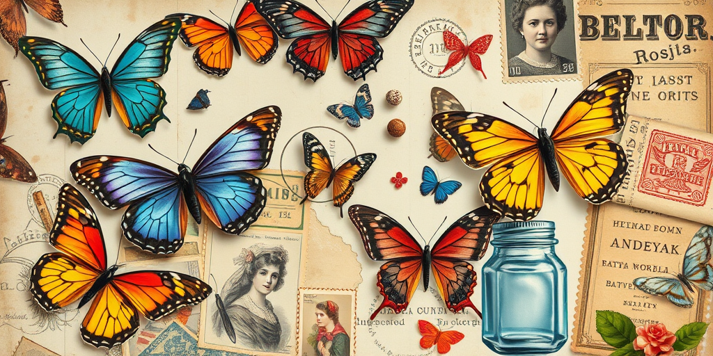 Create a high-resolution collage of vintage-inspired illustrations featuring colorful butterflies, antique portraits, and decorative elements like jars and stamps, captured in macro view with a DSLR camera at f/2.8 aperture and ISO 100, using natural lighting to enhance colors and details.