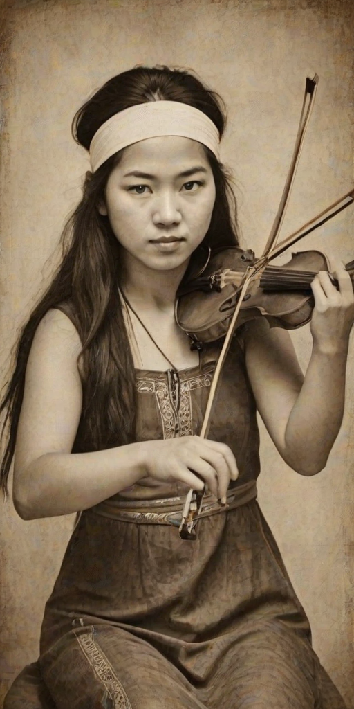 a young Ainu woman with a white headband playing a violin, in the style of a charcoal drawing, sepia grunge background