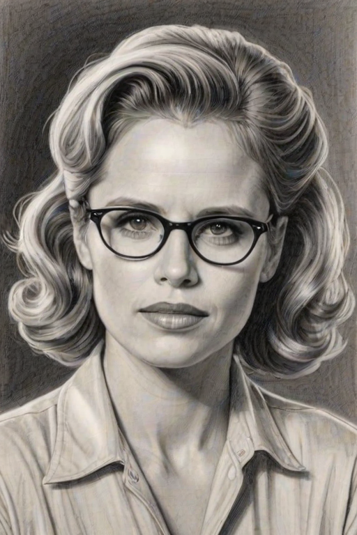 Radiant Kim Dickens, pencil sketch, portrait of Enchanting woman 1940s in glasses, hair style beatnik, outline, clear lines, fine lines, 8k