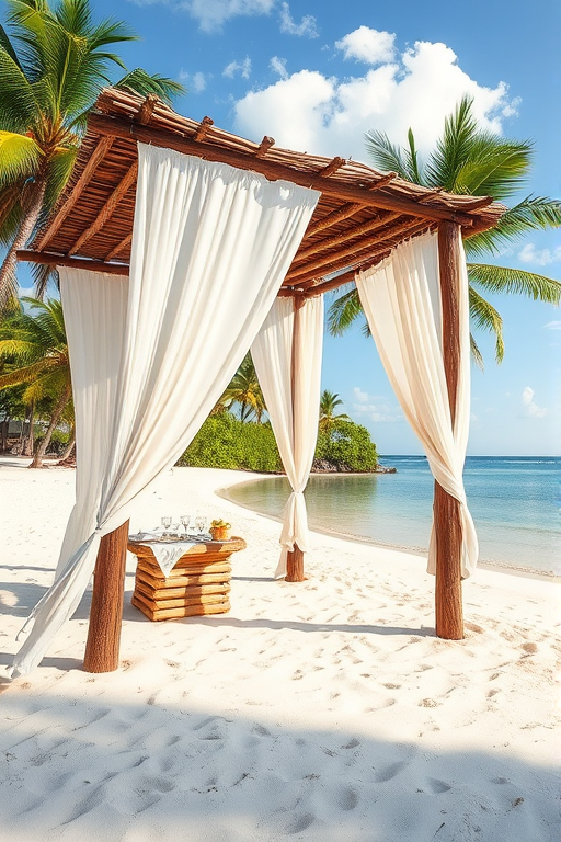 Create a picturesque tropical beach scene featuring a serene, white sandy shore. In the foreground, there's a rustic wooden canopy with white drapes gently flowing in the breeze. Underneath the canopy, a table is set with tropical decor, evoking a sense of relaxation and leisure. The beach extends into a calm, shallow water area with reflections of the sky and surroundings. Palm trees and lush greenery line the edge of the beach, providing a natural, tropical backdrop. The sky is clear with a few scattered clouds, and the overall atmosphere is tranquil and inviting, perfect for a peaceful retreat.
