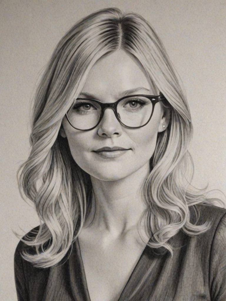 Beauteous Kirsten Dunst, pencil sketch, portrait of Elegant woman 1966s in glasses, hair style beatnik, outline, clear lines, fine lines, 8k