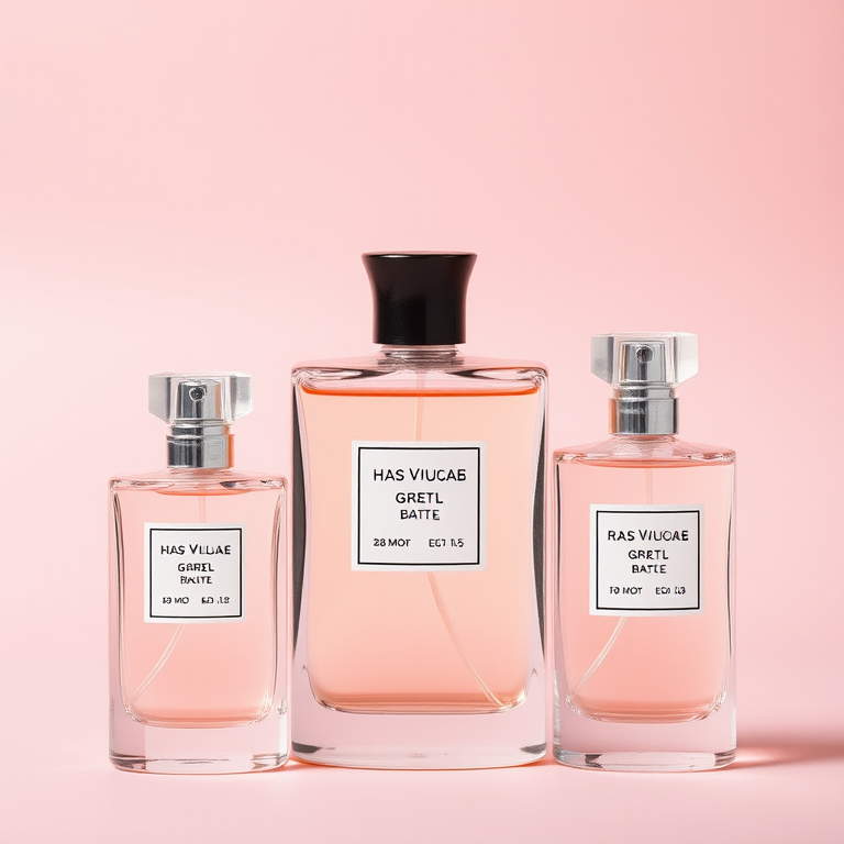 Create a high-resolution image of three elegantly designed perfume bottles in varying sizes, with a soft pastel pink background, using a Canon EOS R5, 85mm lens, f/1.8 aperture, ISO 100, and a softbox for lighting to enhance the elegance and clarity of the bottles.
