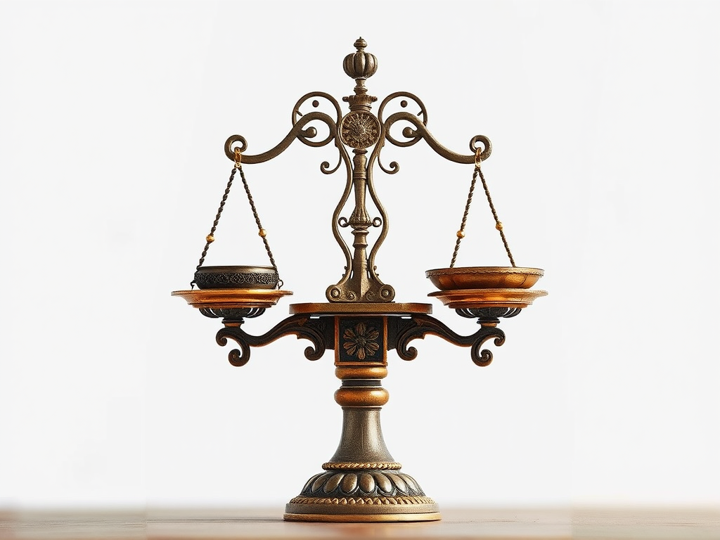 Illustration of a balanced scale with intricate details, focus on symmetry, shallow depth of field, 50mm lens, f/2.8 aperture, ISO 100, natural light.