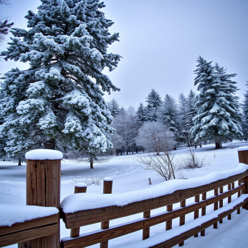 A serene winter landscape featuring snow-covered pine trees and a rustic wooden fence in the foreground, captured with a Canon EOS R5, 50mm lens, f/8, ISO 100, HDR style, wide-angle view.