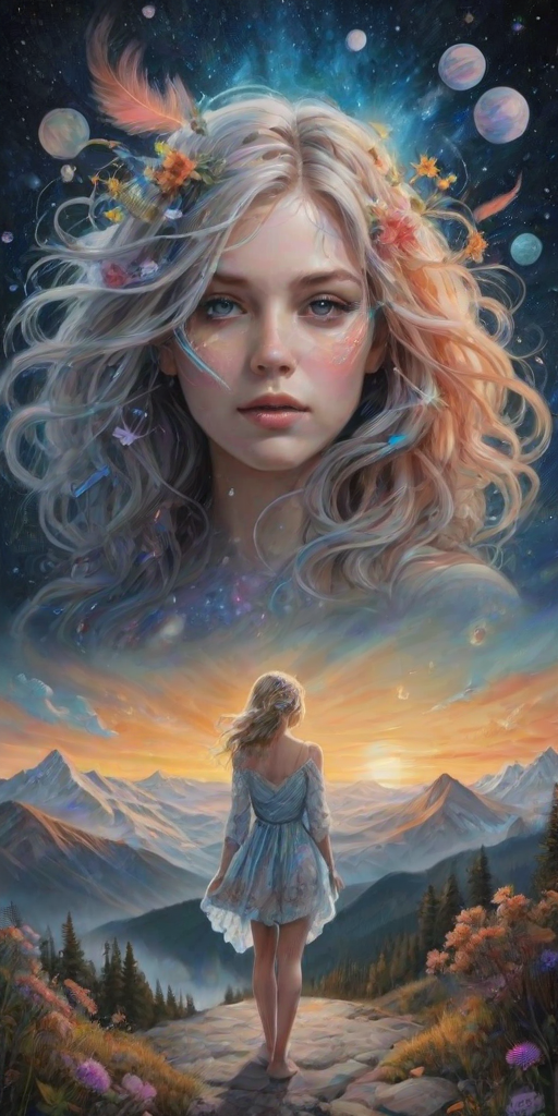 Create a series of imaginative portraits where each subject is infused with elements of fantasy and nature. The hair of the individuals should flow like clouds, varying from soft, fluffy cumulus to wispy cirrus strands, with hints of color reflecting a sunset or a clear blue sky. The eyes should be windows to entire galaxies, with stars, nebulae, and distant planets visible within them. Clothing should be adorned with nature motifs, such as floral patterns that bloom and change, vines that seem to grow and wrap around, or feathers that shimmer with iridescence. Each portrait should capture a unique personality, blending human features with the ethereal beauty of the natural and cosmic world. The backgrounds can vary, from starry night skies to enchanted forests, adding depth and context to the magical realism of the portraits