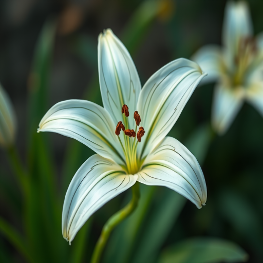 Regenerate a high-resolution image of a stylized lily flower in an artistic line drawing style, using a DSLR camera with a 50mm lens, aperture set to f/2.8, ISO 100, and a shallow depth of field for enhanced detail and soft background blur, captured from a slight overhead angle.