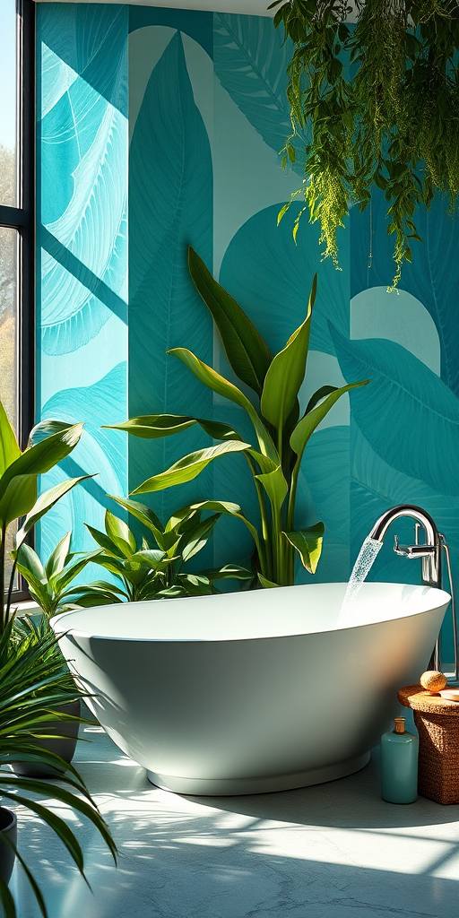 Create a luxurious bathroom scene featuring a freestanding bathtub with flowing water, surrounded by lush green plants and artistic turquoise wall murals, captured with a Canon EOS R5, 24mm lens, f/2.8 aperture, ISO 100, 1/125 sec, natural light with a soft focus effect for a serene atmosphere.