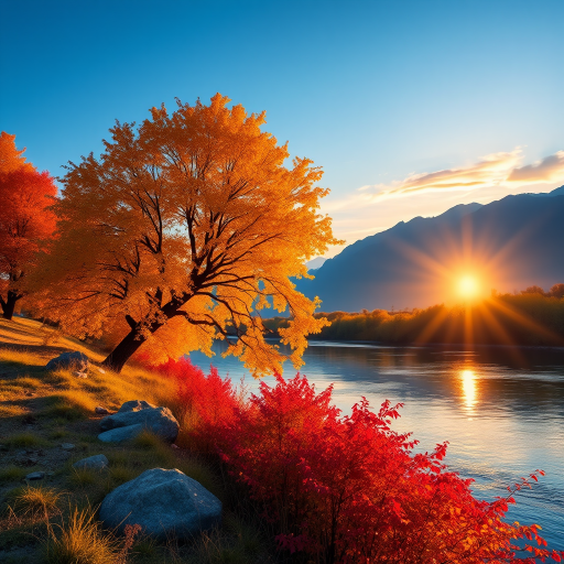 Generate a high-quality digital illustration of a serene autumn landscape featuring a golden-leaved tree beside a tranquil river, with vibrant red and orange foliage in the foreground, distant mountains, and a soft sunset sky, using a DSLR camera, 50mm lens, f/8 aperture, ISO 200, and a slight tilt-shift effect for depth of field.