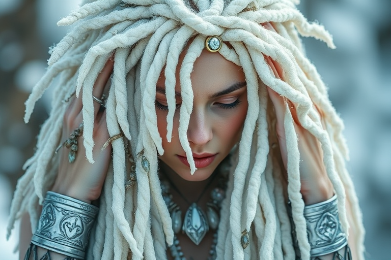 Icy white dreadlocks adorned with crystal beads and silver cuffs, radiating mystical energy and winter magic, aptly named Frost Shaman