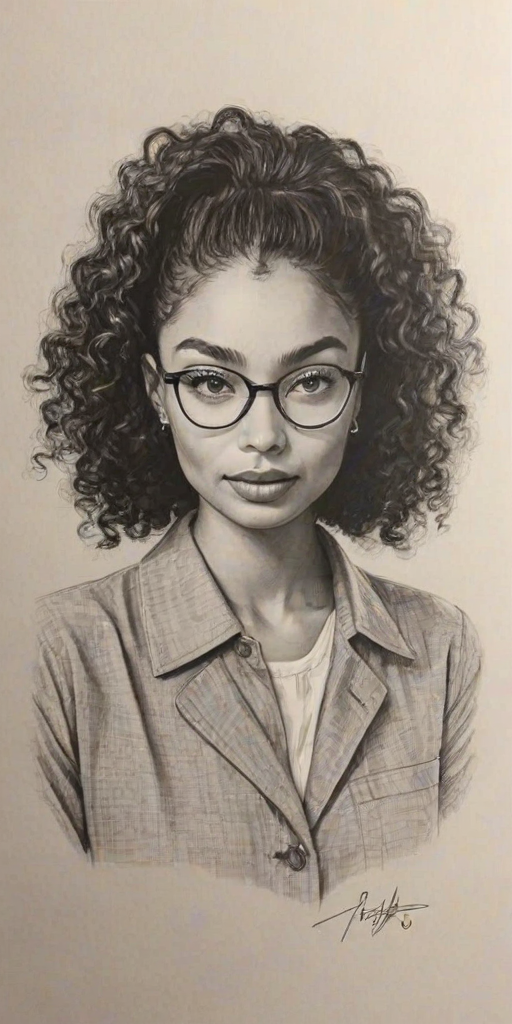Splendid Yara Shahidi, pencil sketch, portrait of Bewitching woman 1945s in glasses, hair style beatnik, outline, clear lines, fine lines, 8k