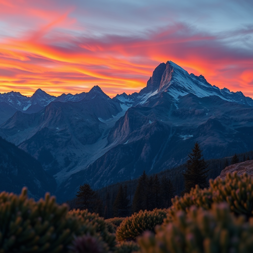 Create a high-resolution illustration of a majestic mountain landscape during sunrise, featuring vibrant colors in the sky and detailed foreground vegetation, shot with a Canon EOS R5, 24mm f/1.4 lens, aperture set to f/8, ISO 100, at a low angle with a wide-angle view, using HDR imaging for enhanced dynamic range.