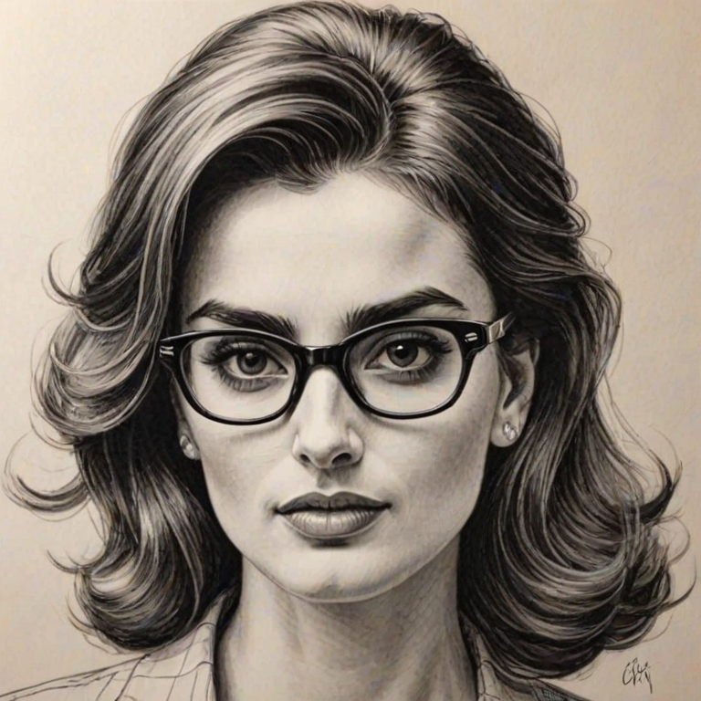 Dazzling Pen'lope Cruz, pencil sketch, portrait of Resplendent woman 1952s in glasses, hair style beatnik, outline, clear lines, fine lines, 8k