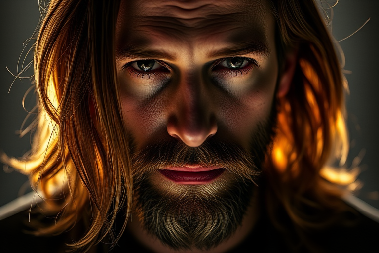 Regenerate the image of a man with long hair and a beard, dramatic lighting highlighting his facial features, shot with a Canon EOS 5D Mark IV, 50mm lens, f/1.8 aperture, ISO 100, soft focus background, portrait mode.