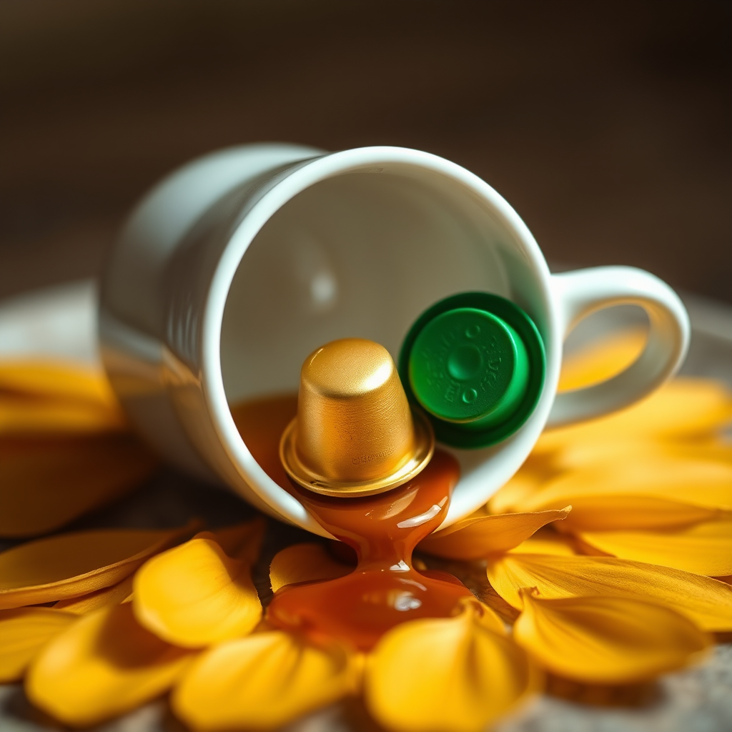 A still life composition featuring a spilled teacup with a gold coffee capsule and a green coffee capsule resting on decorative golden petals, softly lit with a shallow depth of field, taken with a Canon EOS R5, 50mm lens at f/1.8, ISO 100, 1/100s, with soft natural light to enhance texture and color.