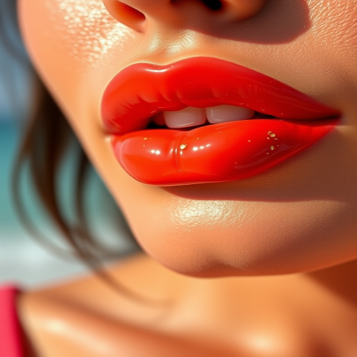 Vibrant coral sunset lips with a glossy finish, dubbed "Tropical Bliss," feature a subtle ombre effect and tiny gold flecks for a glamorous beach-inspired look