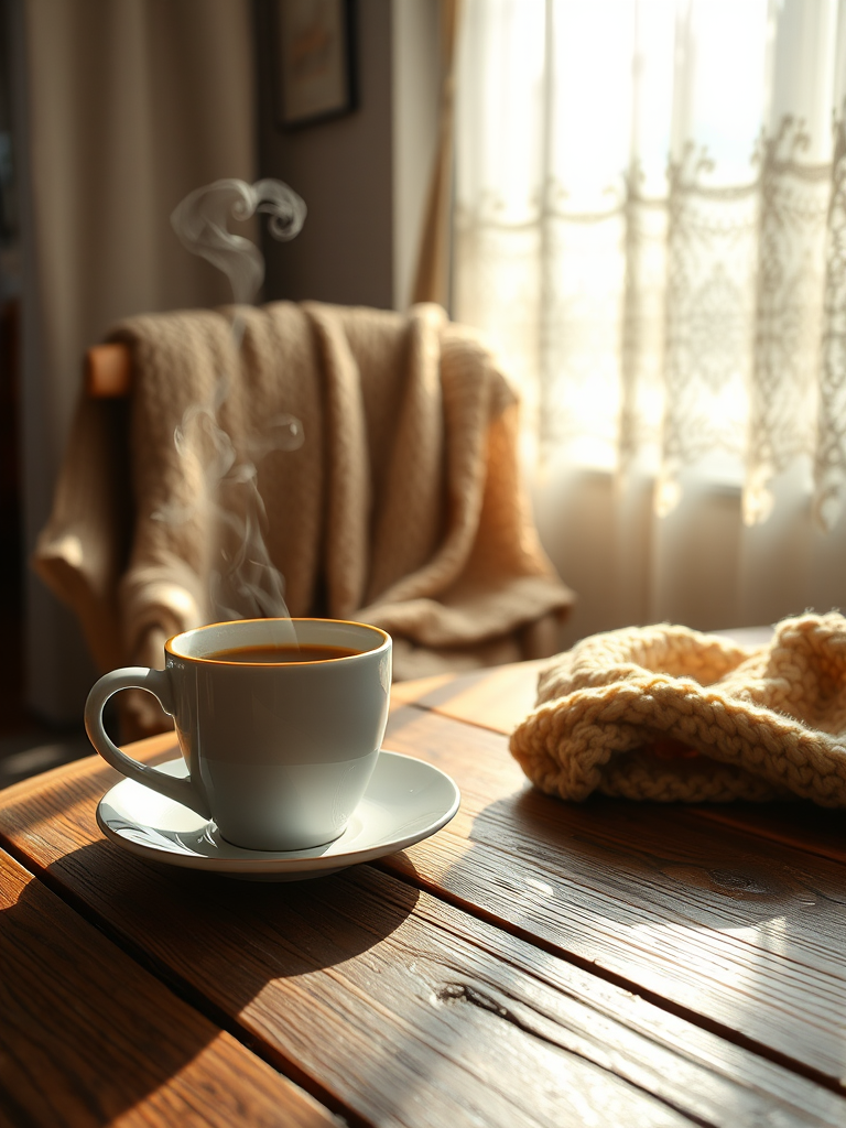 Close-up of a steaming cup of coffee on a rustic wooden table, sunlight filtering through lace curtains, with a cozy knit blanket draped over a chair in the background.