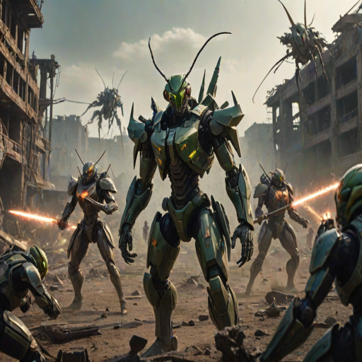 A squad of insect commandos, led by a towering mantis wielding dual energy katanas, is posed in a battle-ready stance. The mantis's sharp claws and the glowing swords create a dynamic contrast against the swarm of heavily armored beetles and ants behind it, armed with a mix of traditional human firearms like assault rifles and futuristic laser cannons. They stand in a desolate, war-torn landscape with crumbling structures in the distance, preparing for a final assault. The scene evokes a feeling of intense preparation, like something from a gritty, dystopian sci-fi war movie.
