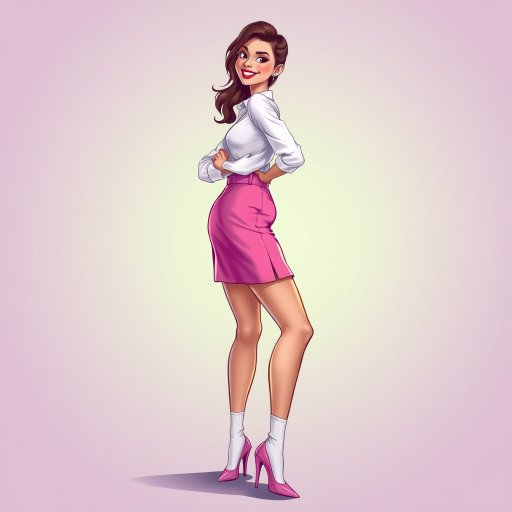Create a digital illustration of a confident woman standing sideways with a playful expression, wearing a white shirt and a pink skirt, high heels, and white socks, use a soft gradient background, camera settings: f/8, ISO 100, 1/200s, camera view: full body portrait, camera style: vibrant colors, camera type: digital art rendering.