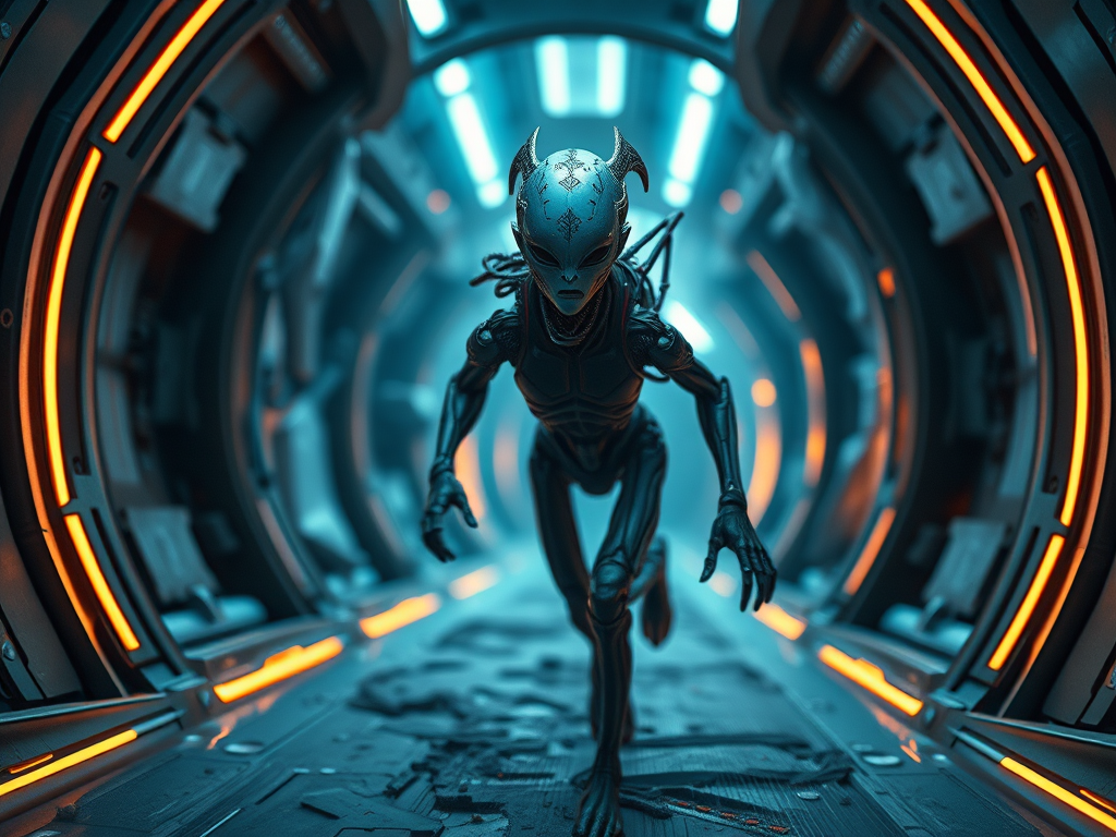 Generate a high-resolution image of an alien humanoid figure with an intricate, biomechanical design, running through a futuristic portal with glowing edges, captured using a Canon EOS R5, 50mm f/1.2 lens, in a low-angle cinematic view, employing HDR techniques for enhanced contrast and detail.