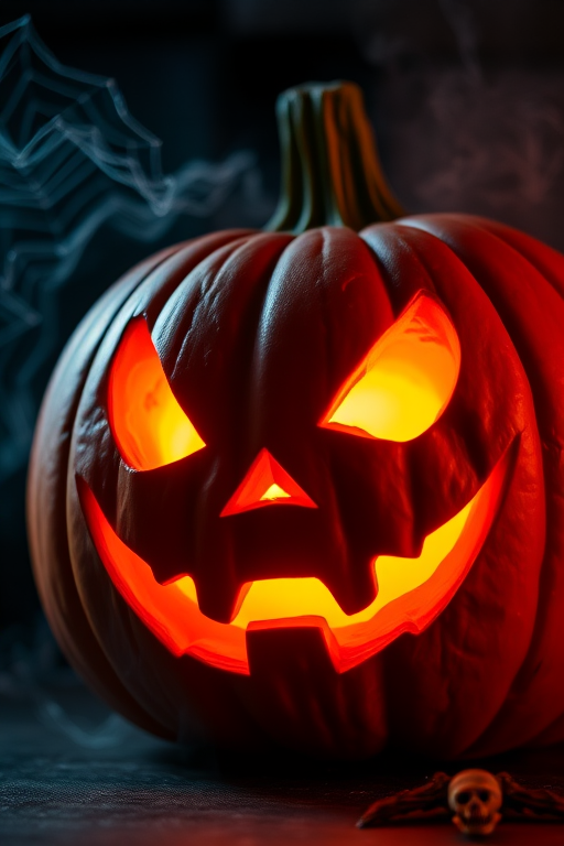 Create a high-resolution image of a carved Halloween pumpkin with bright, glowing eyes and a menacing smile, set against a dark, smoky background, captured using a DSLR camera with a 50mm lens, aperture f/1.8, ISO 200, and a soft focus for artistic effect.