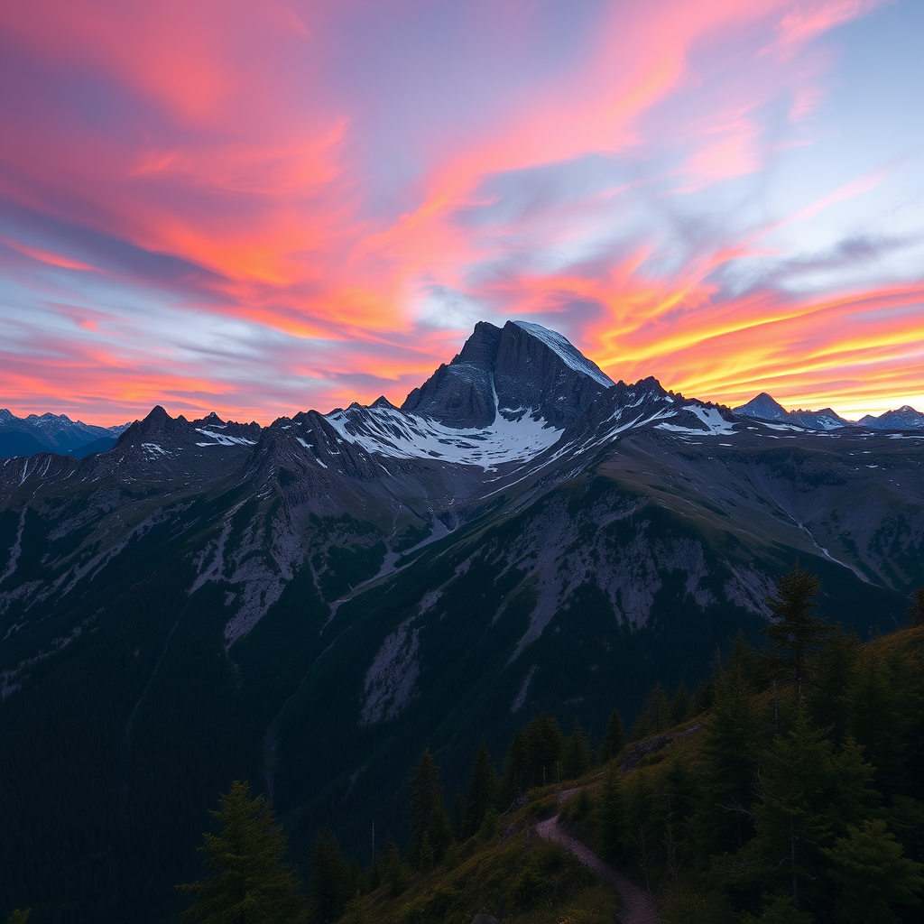 Generate a high-resolution image of a mountain landscape at sunset with vibrant colors in the sky, using a DSLR camera with a 24mm lens, aperture f/8, ISO 100, and a wide-angle view for a dramatic effect.