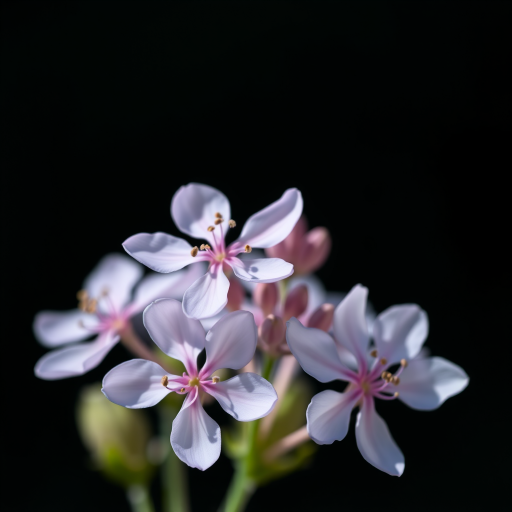 A high-resolution close-up photograph of pale purple flowers against a black background, using a Canon EOS 5D Mark IV with a 100mm f/2.8 macro lens, aperture set to f/4 for soft background blur, ISO 200 for clear detail, and natural sunlight as the light source.