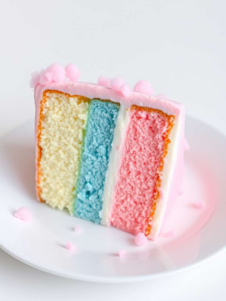 A slice of pastel colored cake with alternating layers of pink and blue frosting on a white plate with a light background. The cake has a fluffy texture and is decorated with small bits of pink cotton candy.