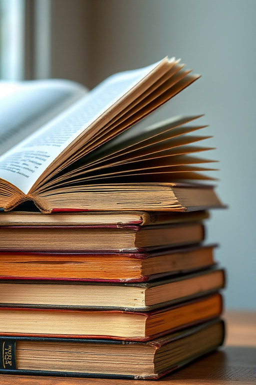 stack of vintage books with an open book at the top, soft-focused background, natural lighting, f/2.8 aperture, 50mm lens, DSLR camera, macro photography style