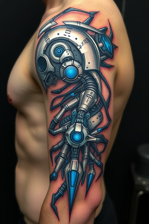 Biomechanical tattoo called "Cybernetic Evolution" blending organic forms with mechanical elements in shades of metallic silver and electric blue to create a futuristic cyborg-inspired design