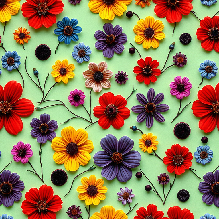 Create a vibrant floral pattern with a light green background featuring various flowers in red, yellow, blue, and purple, with dark circular accents, captured with a Canon EOS R5, 24mm lens, f/8 aperture, ISO 200, and natural lighting to enhance detail and color saturation.