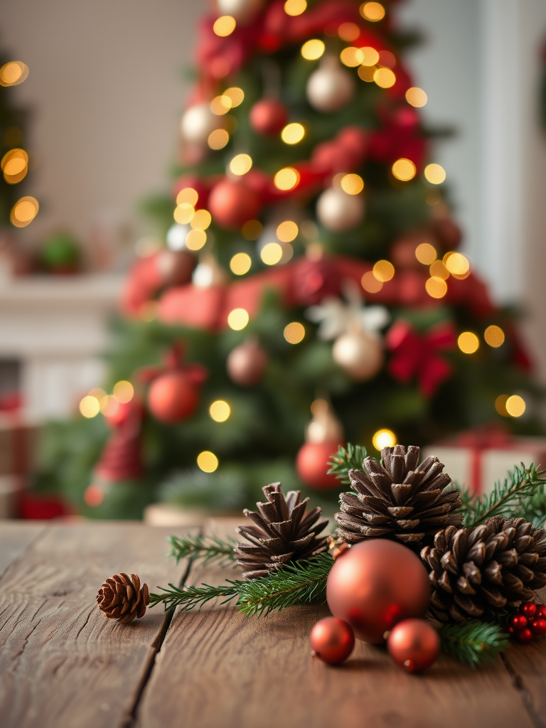 Create an image of a rustic wooden table with a blurred Christmas tree in the background adorned with red and green decorations and twinkling lights the foreground should feature pine cones and holiday ornaments in a cozy festive atmosphere